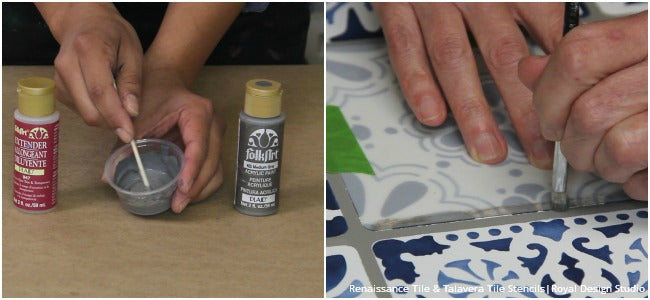 How to Stencil DIY Tutorial: Indigo Blue Vintage Tile Table Top with Chalk Paint and Craqueleur