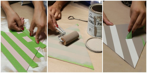 DIY Nursery Wall Decor: Adorable Otomi Stenciled Wood Shapes - Learn how to create DIY sweet nursery wall in Neopolitan ice cream shades using Chalk Paint® by Annie Sloan, Otomi Stencils, and Triangle Wall Art Wood Shapes from Royal Design Studio.