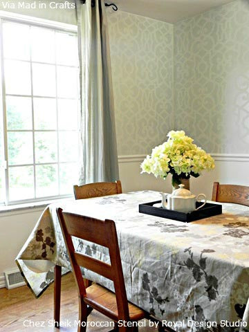 Allover Stenciled Dining Room Walls by Mad in Crafts | Royal Design Studio Stencils