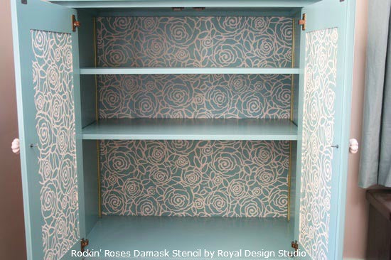 Rockin' Roses Damask Stencil on Bookcase Back and Doors | Royal Design Studio