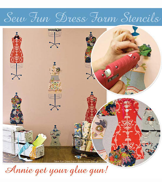 Dress Form Stenclls from Bari J stencil collection all dressed up with glued on notions from the scrapbooking section. Fun project from Royal Design Studio