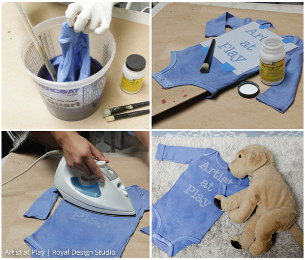 Cute baby gift idea! Hand dye and stencil a onesie with an inspiring lettering stencil from Royal Design Studio. Encourage creativity at any age!!