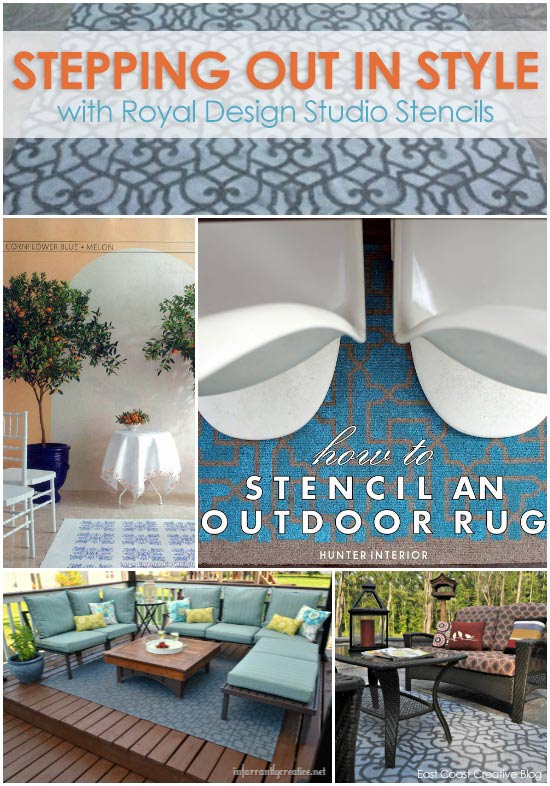 Using stencils to stencil stylish outdoor rugs. Links to 4 great blog stencil projects at Royal Design Studio stencils