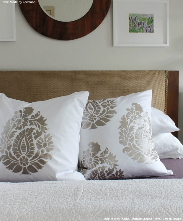 Affordable Bedroom Style, DIY Curtians, and Painted Pillows with Paisley Stencils from Royal Design Studio