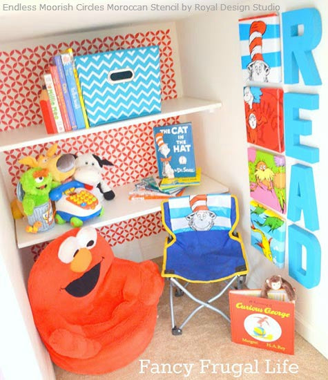 Close Nook to Play Room - Fancy Frugal Life Designed a Fun space for kids with paint and stencils | Royal Design Studio