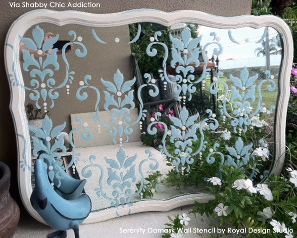 Using Stencils in a Garden | Stenciled Garden Mirror | Serenity Damask Stencil from Royal Design Studio 