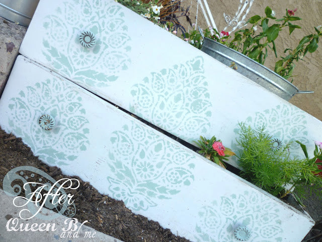 Repurposed Drawers made into stenciled garden planters | Indian Paisley Wall Stencil from Royal Design Studio