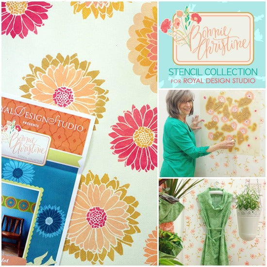 Stenciling on walls and floorcloth with Flower Stencils from the New Bonnie Christine stencil collection from Royal Design Studio