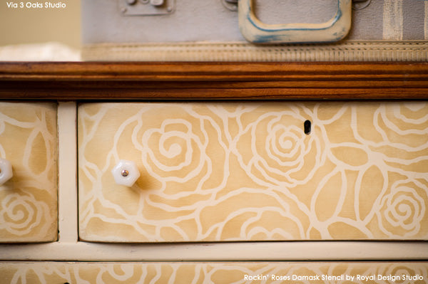 Rockin' Roses Damask Stencil on Dresser Drawers | Royal Design Studio