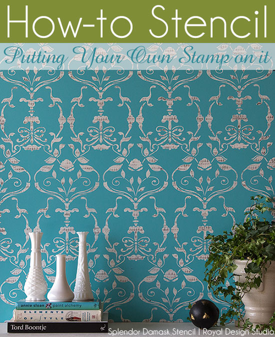 Stencil How-to: Combining allover wall stencils with craft stamps for a fun, decorative wall finish. Splendor Damask Stencil by Bari J for Royal Design Studio Stencils