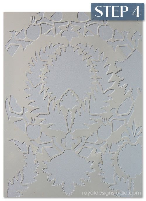 Silk Road Suzani stencil from Royal Design Studio stencils. How-to create a stenciled fabric finish.