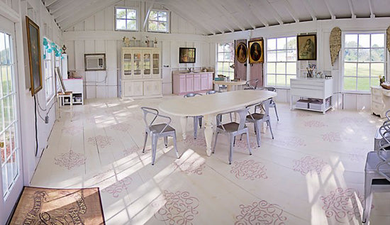 Large Ribbon Damask Stencil from Royal Design Studio in painted and stenciled floor of Sweet South Cottage.