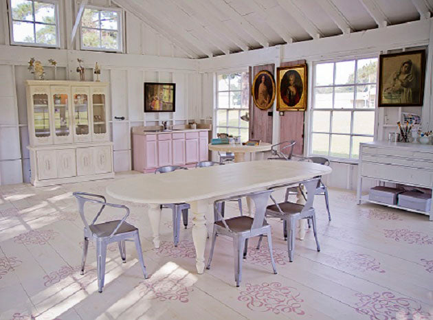 Sweet South Cottage Shop with painted and stenciled wood floor featuring Chalk Paint decorative paint by Annie Sloan and Large Ribbon Damask Stencil by Royal Design Studio.