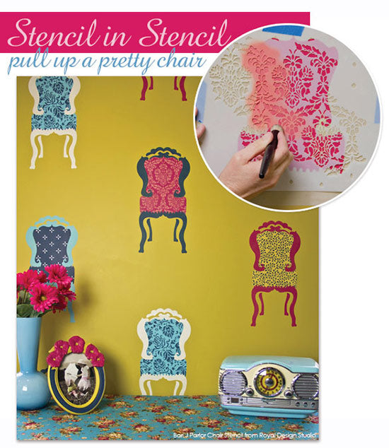 Super cute and spiffed up Parlor Chair stencils make an adorable wall stencil project. Stencil small allover patterns in the chair cushions for a custom look-from Royal Design Studio