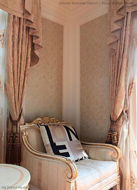 Allover Brocade Stencil from Royal Design Studio painted in a soft, rosy tone on tone finish