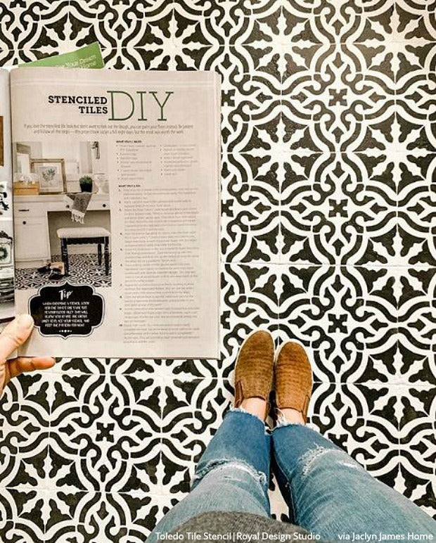 Floor Tile Stencils in American Farmhouse Style Magazine! - Shabby Chic DIY Decor Project with Farmhouse Stencils, Tile Stencils, Floor Stencils from Royal Design Studio