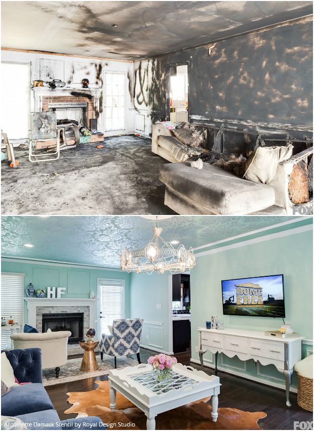 Royal Design Studio Stencils on FOX’s Home Free with Mike Holmes - Elegant Mint Painted and Stenciled Ceiling with Antoinette Damask Stencils