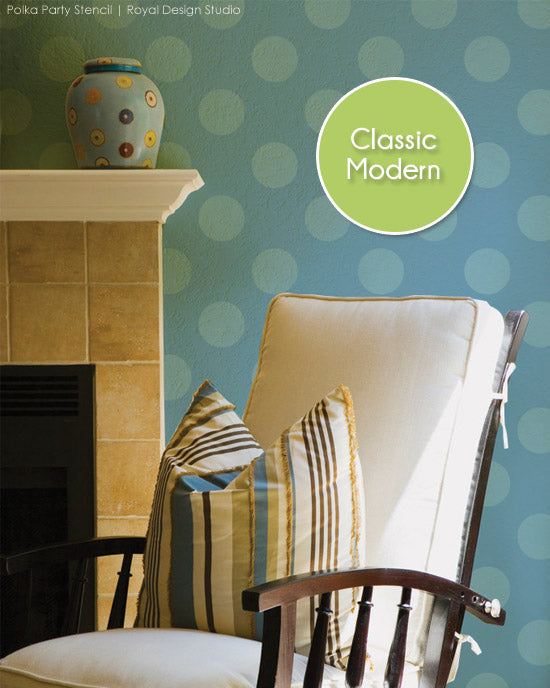 Modern polka dot pattern stencil for walls. Polka Party stencil from Royal Design Studio 