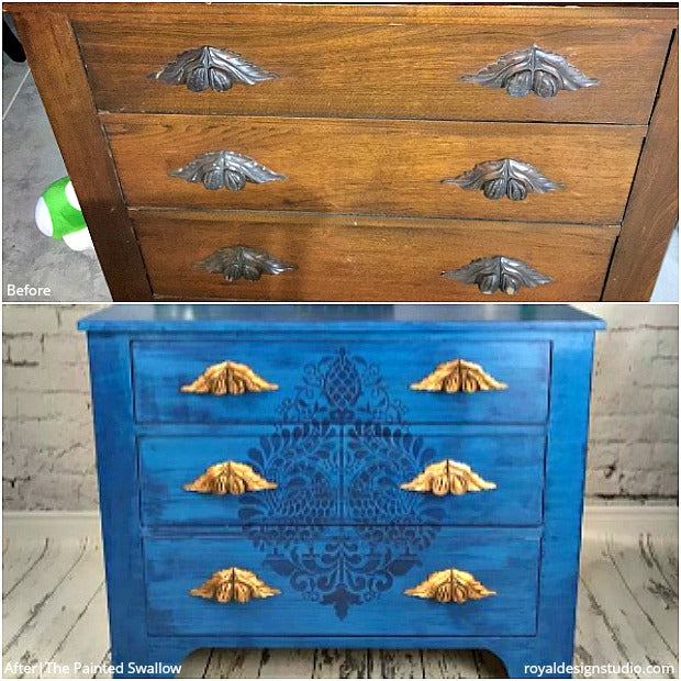 Before & After Stenciled Decor You Won't Believe are DIY! 30 Painting Projects on Walls, Floors, and Furniture using Royal Design Studio Stencil Patterns