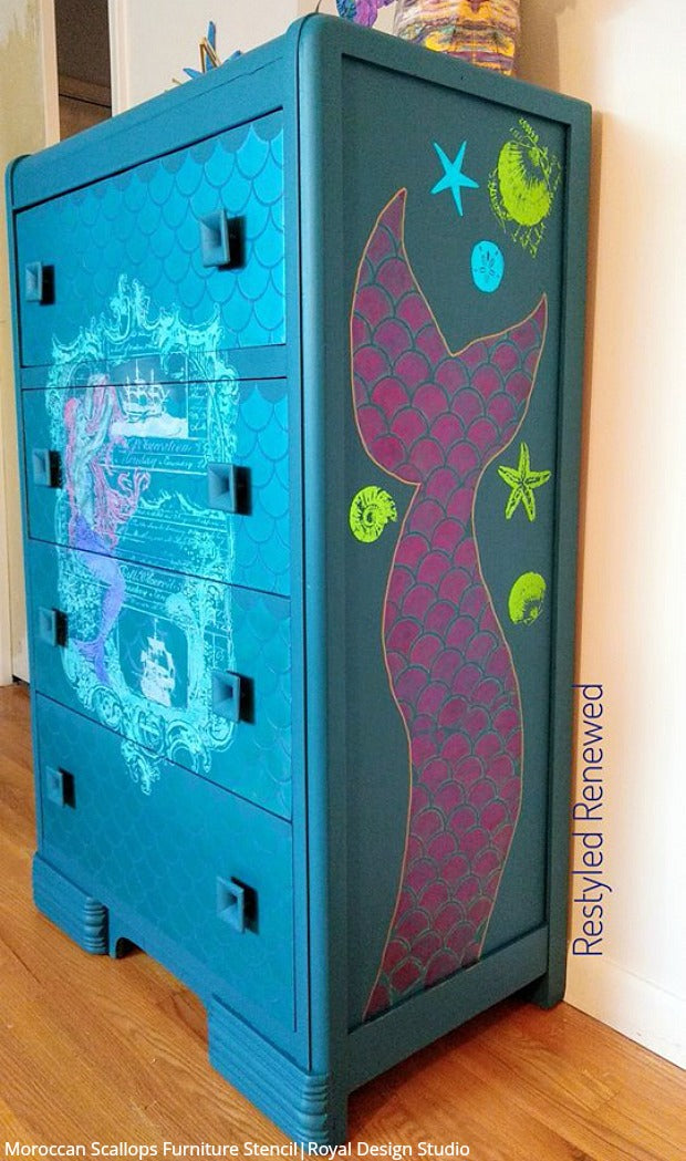 The #1 Thing You Need for a Mermaid Bedroom Wall Mural - DIY Home Decor Ideas - Fish Scale Tail Wallpaper Wall Stencils from Royal Design Studio Stencils