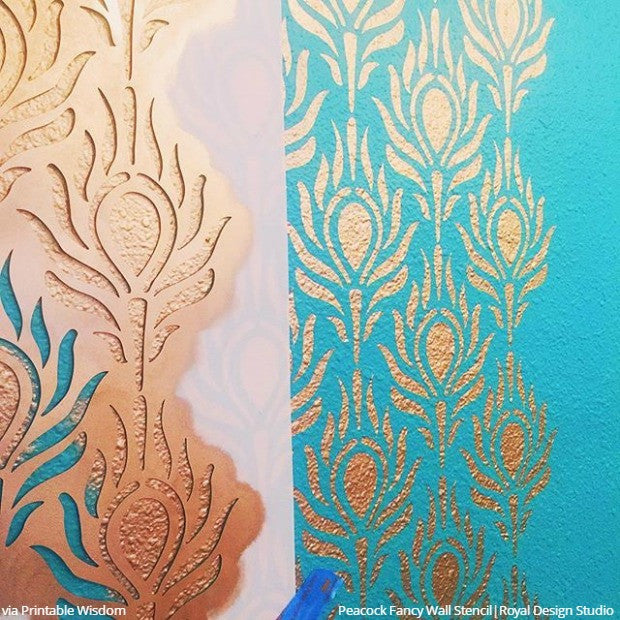 Pretty as a Peacock: Strut Your Stencil Style - 10 DIY Decorating Ideas using Peacock Feathers Wallpaper Wall Stencils from Royal Design Studio