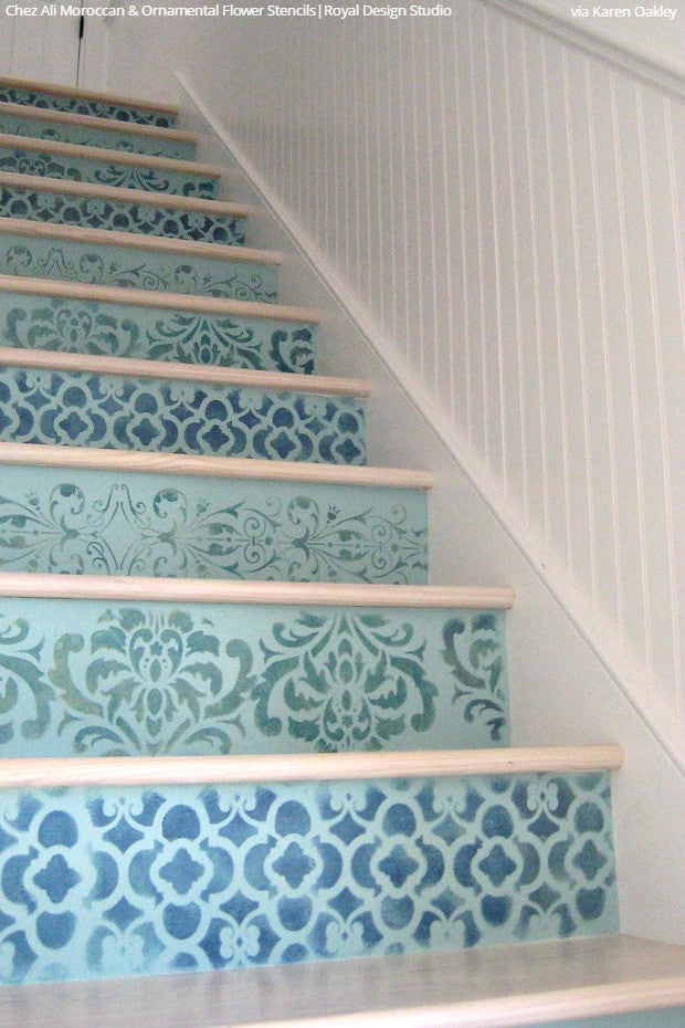 Simple to Sensational: 12 Stencil Ideas for Your Stairs - Painted Stair Risers using Moroccan, Floor, & Tile Stencils from Royal Design Studio