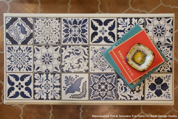 How to Stencil DIY Tutorial: Indigo Blue Vintage Tile Table Top with Chalk Paint and Craqueleur