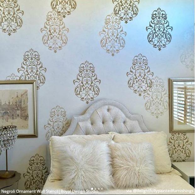 25 Luxurious Ways to Accent a Bedroom Wall - Bedroom Stencils, Large Wall Stencils for Painting Feature Wall Art, DIY Decor Ideas - royaldesignstudio.com