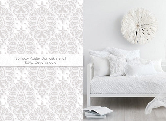 White on white decorating with the Bombay Paisley stencil from Royal Design Studio