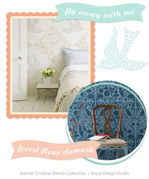 Beautiful new bird and floral damask walls stencils by Bonnie Christine for Royal Design Studio
