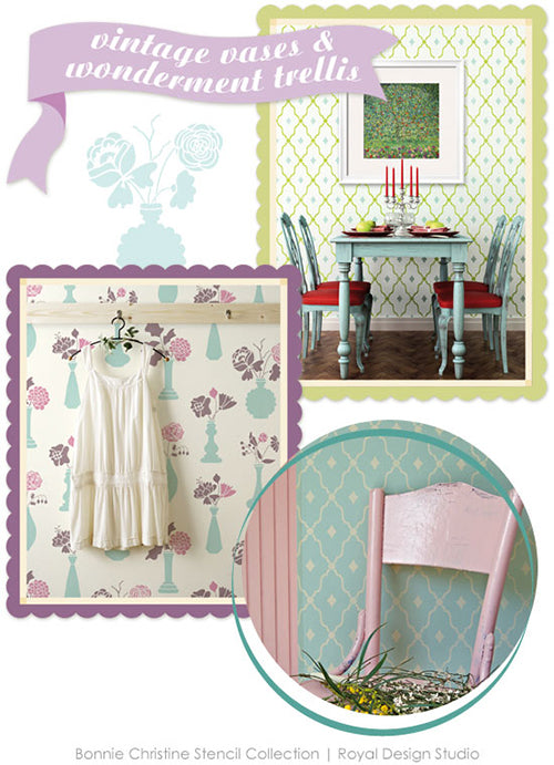 Lovely floral and trellis stencils. New wall stencils by Bonnie Christine for Royal Design Studio