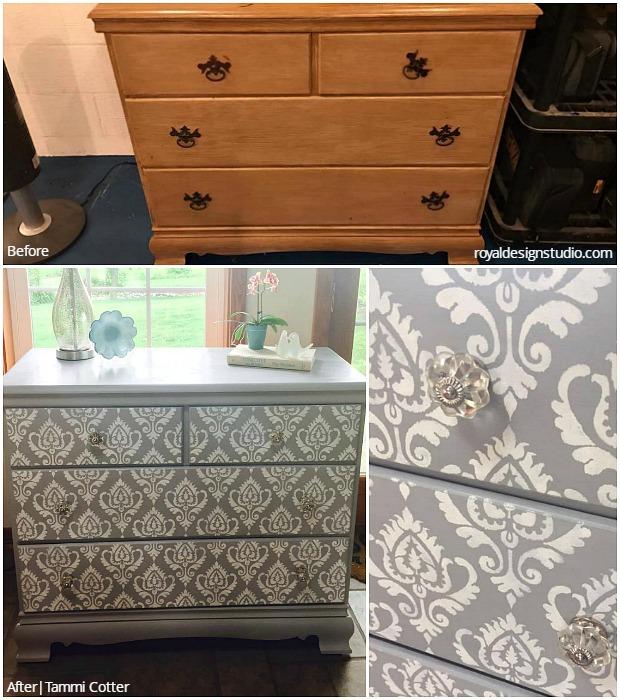 Shabby Chic Farmhouse Style Furniture - DIY Ideas using Royal Design Studio Furniture Painting Stencils - Rustic and Reclaimed Home Decor Hacks