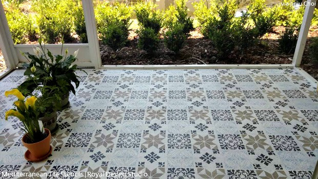Come On In! Welcome Guests with a Stenciled Porch or Patio Floor! DIY Home Decorating Ideas using Royal Design Studio Floor Stencils and Tile Stencils for Painting