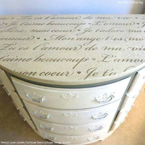 Stencil Your Way to Lovely French Furniture - 13 Decorating Ideas using the French Love Letters Furniture Stencils from Royal Design Studio