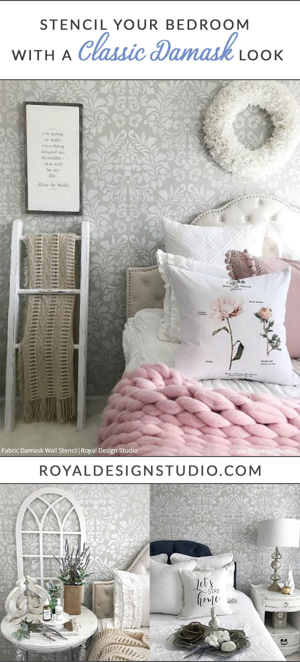 Stencil Your Bedroom Walls with a Classic Damask Wallpaper Look - French Country Farmhouse Style Bedroom Makeover by Home on Fern Hill - Fabric Damask Wall Stencils by Royal Design Studio