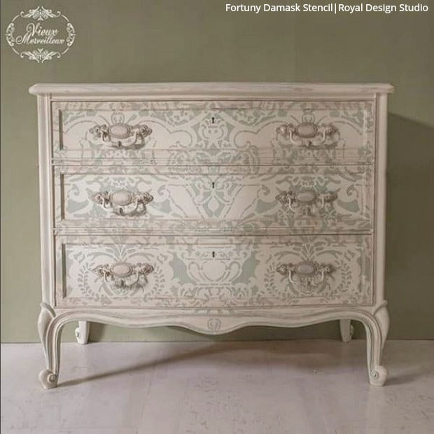 Shabby Chic Farmhouse Style Furniture - DIY Ideas using Royal Design Studio Furniture Painting Stencils - Rustic and Reclaimed Home Decor Hacks