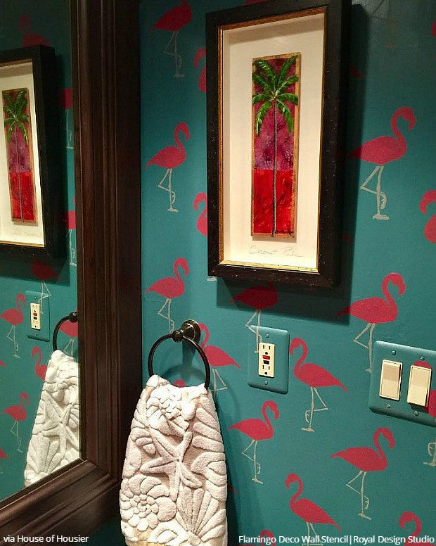 A Flock of Flamingo Stenciled Rooms! 11 DIY Decorating Ideas using Flamingo Wallpaper Wall Stencils - Royal Design Studio