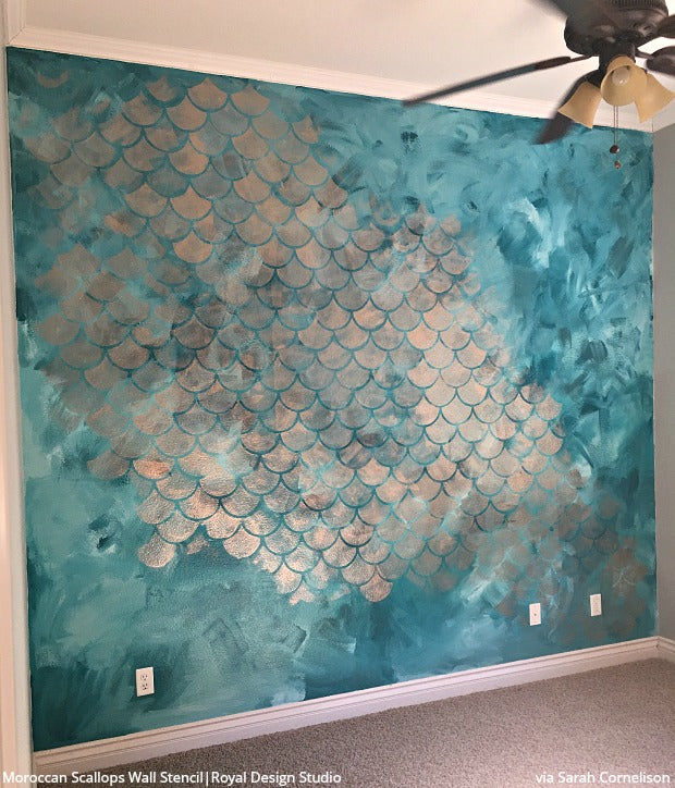 Mermaids & Wall Stencils: The Prettiest Decorating Craze - DIY Scallop Fish Scales Wall Mural Stencils from Royal Design Studio