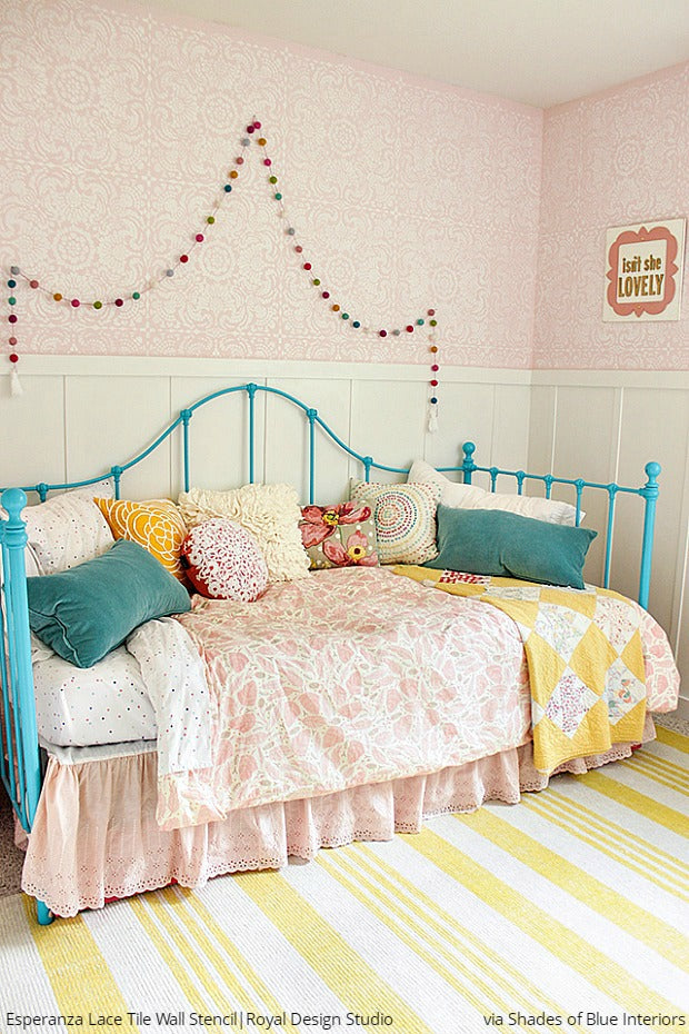 Better Homes & Gardens: Stenciling with Flea Market Style features colorful pink girls room with large wallpaper wall stencils from Royal Design Studio (via Shades of Blue Interiors)