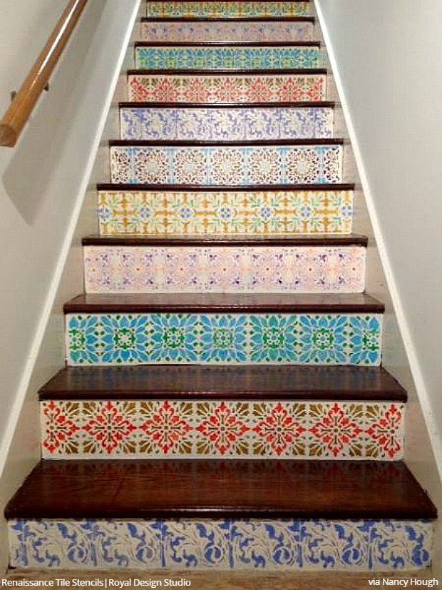 Simple to Sensational: 12 Stencil Ideas for Your Stairs - Painted Stair Risers using Moroccan, Floor, & Tile Stencils from Royal Design Studio