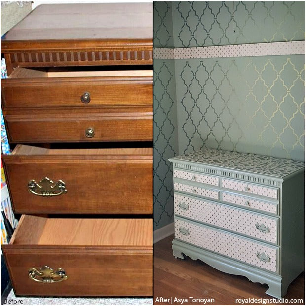 The BEST and PRETTIEST Before & After DIY Home Decor Projects using Royal Design Studio Wall Stencils, Floor Stencils, and Furniture Stencils
