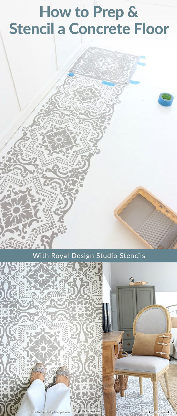 How to Prep and Paint a Concrete Floor with DIY Tile Stencils - Royal Design Studio Stencils Painted in Bedroom Makeover by The Crowned Goat