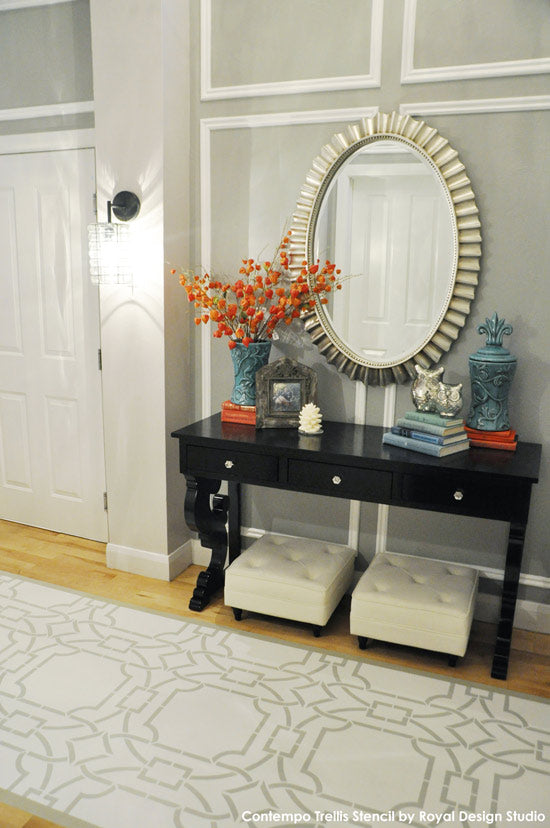 Contempo Trellis Stencil from Royal Design Studio on Wood Floor by All Things Thrifty | Painted and Stenciled Wood Floor