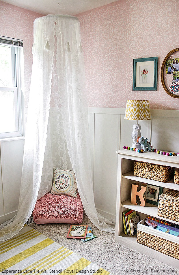 Better Homes & Gardens: Stenciling with Flea Market Style features colorful pink girls room with large wallpaper wall stencils from Royal Design Studio (via Shades of Blue Interiors)