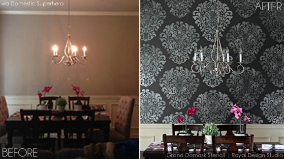 before after stencil dining room