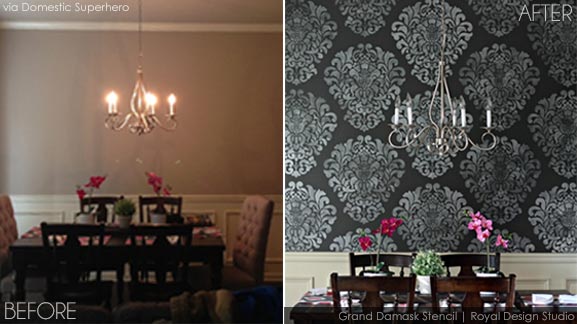 Before and After Dining Room Stencil Makeover