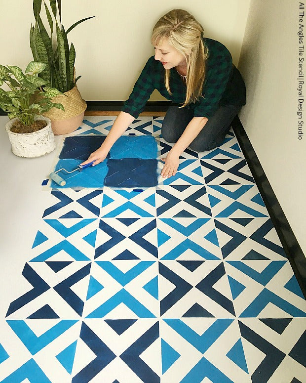 How to Stencil a Boho Blue Tile Floor - VIDEO TUTORIAL - Easy DIY Project Painting with Tile Stencils, Floor Stencils, Bohemian Stencils from Royal Design Studio