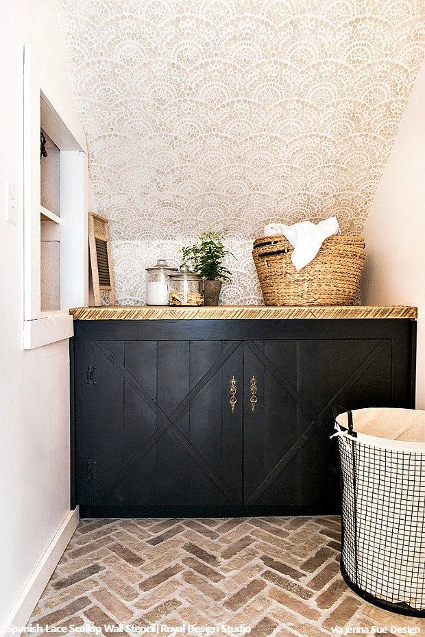 Stenciling a DIY Vinatge Farmhouse Cottage Style Laundry Room Makeover - Royal Design Studio Lace Wall Stencils