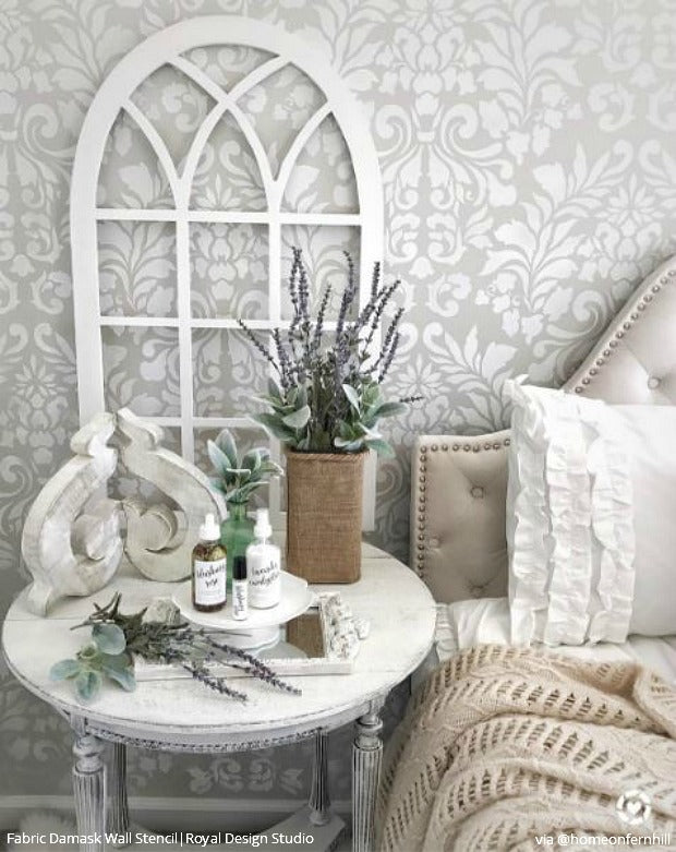 Stencil Your Bedroom Walls with a Classic Damask Wallpaper Look - French Country Farmhouse Style Bedroom Makeover by Home on Fern Hill - Fabric Damask Wall Stencils by Royal Design Studio