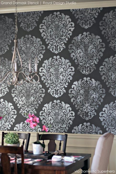 Stenciled Dramatic Dining Room Feature Wall 
